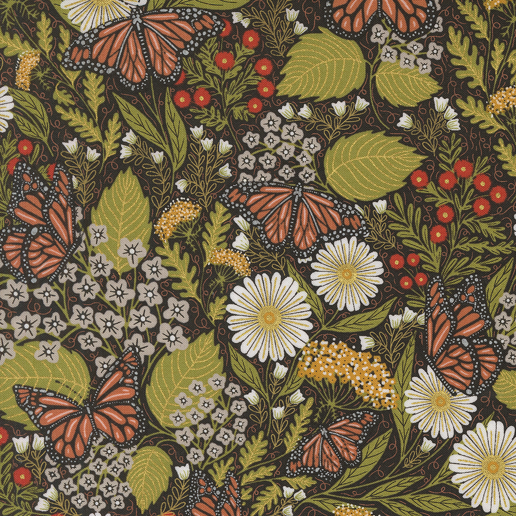 Bee Garden - Summer Butterfly Metallic, Black - PER 1/4 YARD