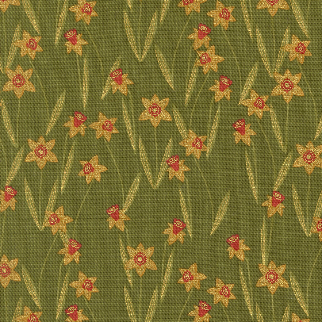Bee Garden - Darling Daffodils Metallic, Ivy - PER 1/4 YARD