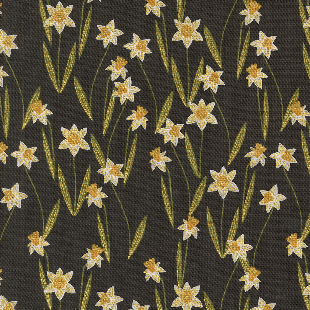 Bee Garden - Darling Daffodils Metallic, Black - PER 1/4 YARD