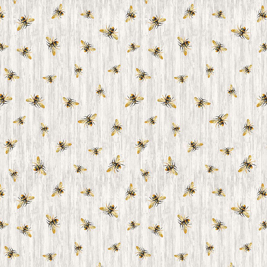 Honey Bee Farm - Flying Bees on Wood Texture, Grey - PER 1/4 YARD