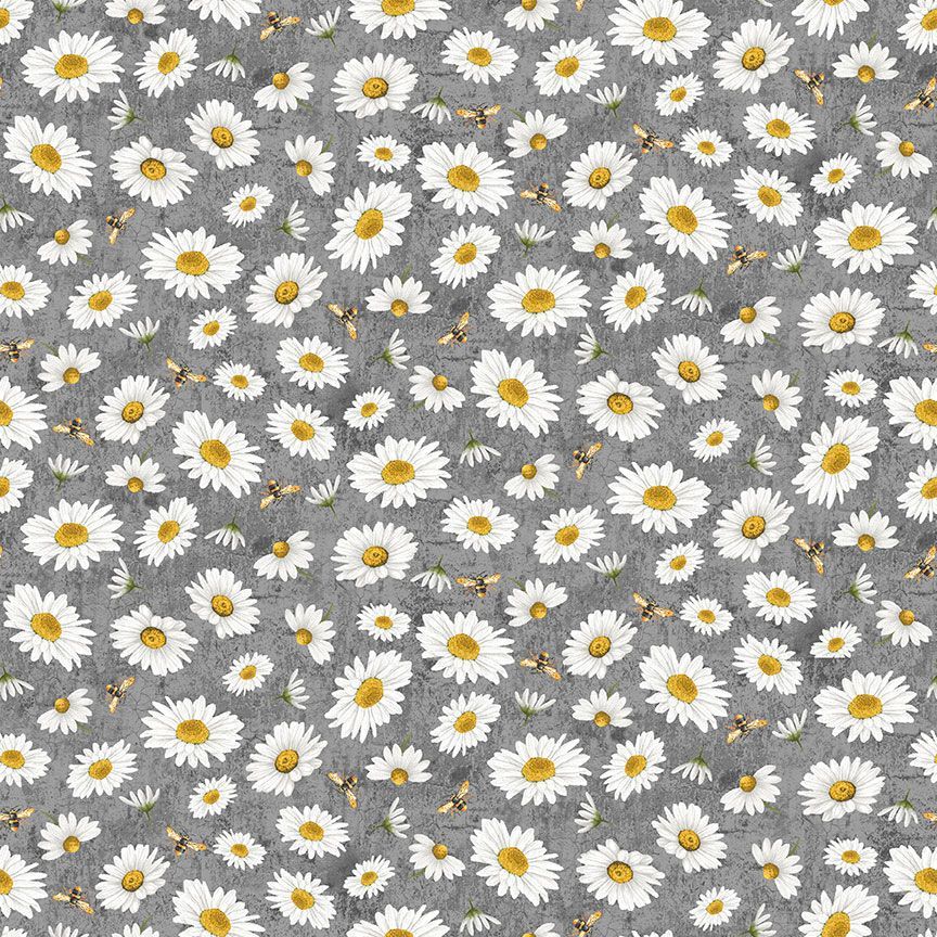 Honey Bee Farm - Tossed Bee and Daisy Florals, Slate - PER 1/4 YARD
