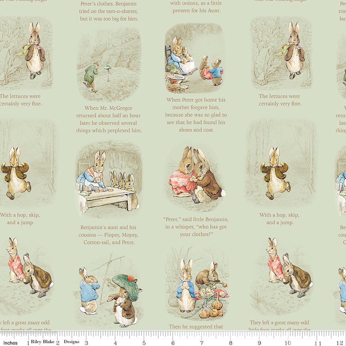 Peter Rabbit & Benjamin Bunny, Story Time Green - PER 1/4 YARD