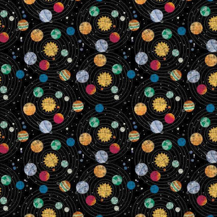 Blast Off! - Planets, Black - PER 1/4 YARD