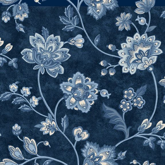 Genevieve - Jacobean Floral, Navy - PER 1/4 YARD