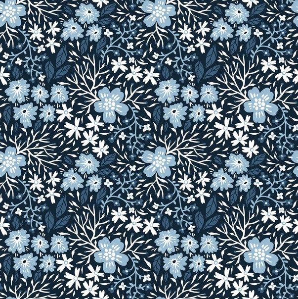 Whimsy - Midnight Daisies and Zinnias, Blue - PER 1/4 YARD