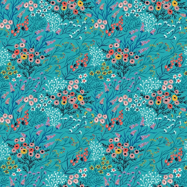 Whimsy - Wild Flower Clusters, Teal - PER 1/4 YARD