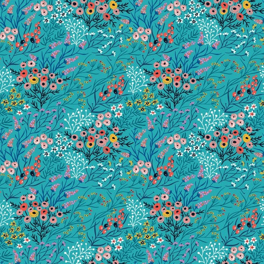 Whimsy - Wild Flower Clusters, Teal - PER 1/4 YARD