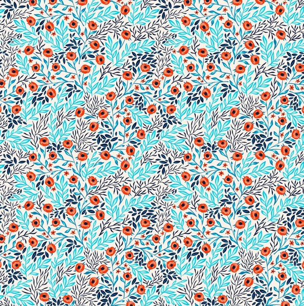 Whimsy - Poppies and Foliage, Cream- PER 1/4 YARD