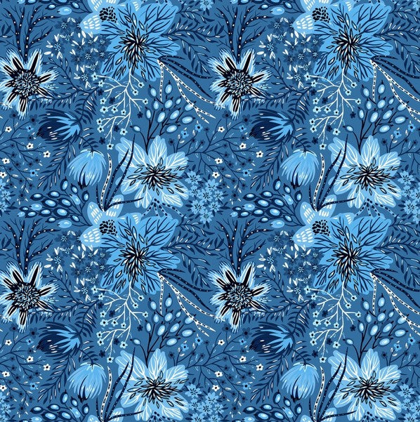 Whimsy - Strawflowers and Allium, Blue - PER 1/4 YARD