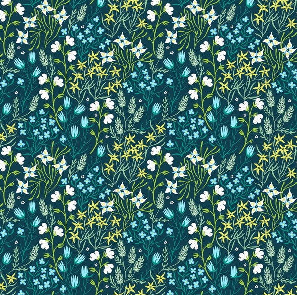 Whimsy - Star Flowers and Wildflowers, Teal- PER 1/4 YARD