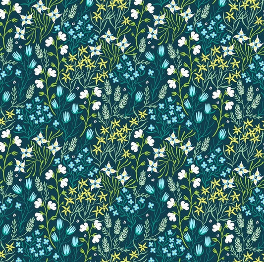 Whimsy - Star Flowers and Wildflowers, Teal- PER 1/4 YARD