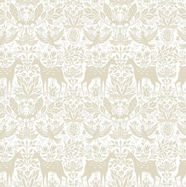Whimsy - Woodland Deer and Birds, Beige - PER 1/4 YARD