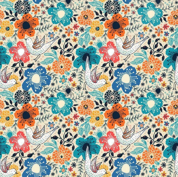 Whimsy - Doves and Flower Blooms, Beige - PER 1/4 YARD