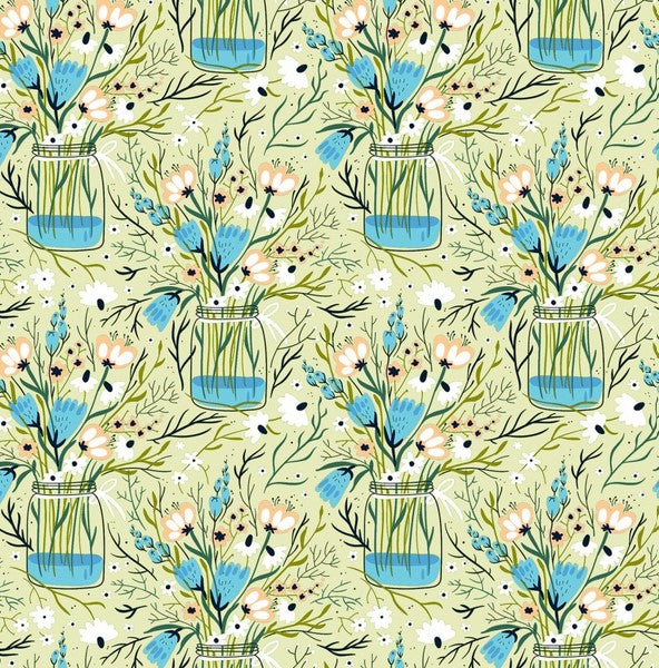 Whimsy - Wild Flowers in Mason Jars, Green - PER 1/4 YARD