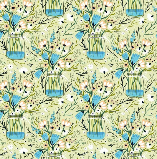 Whimsy - Wild Flowers in Mason Jars, Green - PER 1/4 YARD