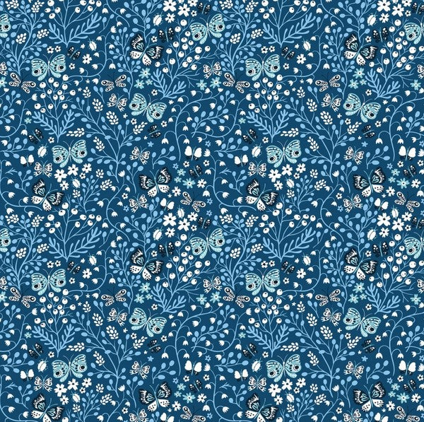 Whimsy - Butterfly Flower Garden, Blue - PER 1/4 YARD