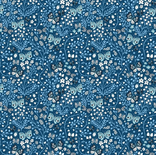 Whimsy - Butterfly Flower Garden, Blue - PER 1/4 YARD