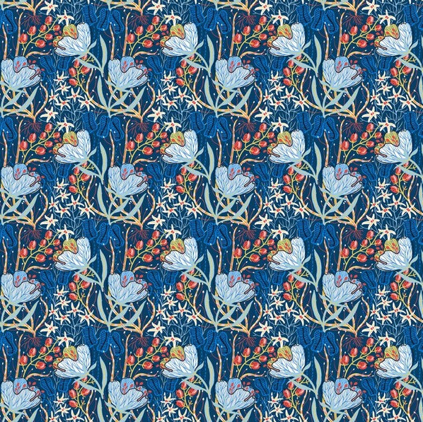 Whimsy - Anemones and Berry Pods, Blue- PER 1/4 YARD