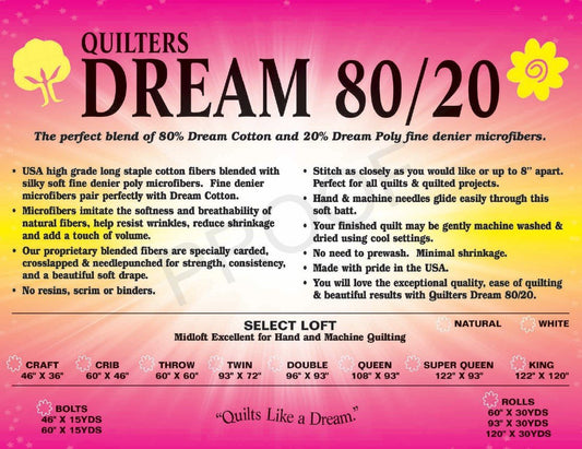 Quilters Dream Batting - Natural Select 80/20 Super Queen  Size 121" x 93"