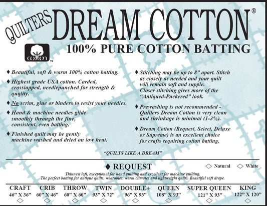 Quilters Dream Batting - Request Dream Cotton White - Queen Size 108" x 93"