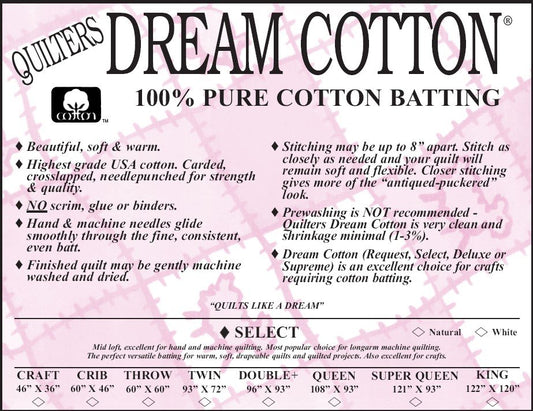 Quilters Dream Batting - Select Dream Cotton White - Double size 96" x 93"