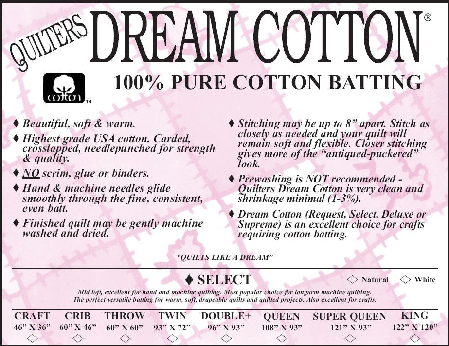 Quilters Dream Batting Select Dream Cotton White King size 122" x