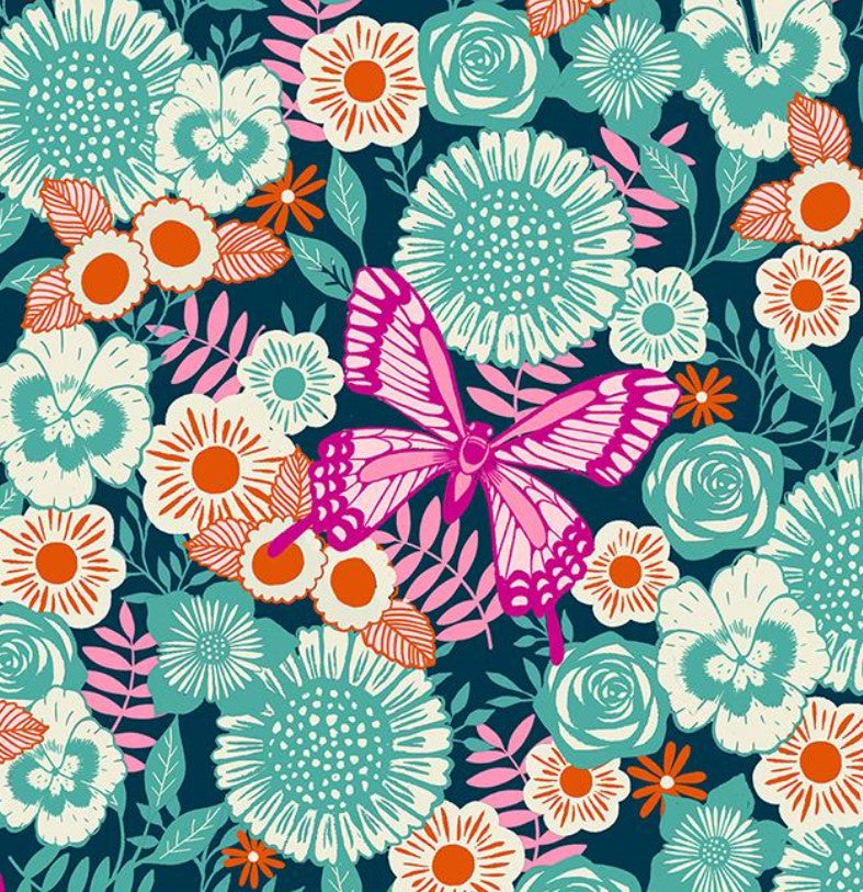 Backyard - Butterfly - Garden - Dark Teal - PER 1/4 YARD