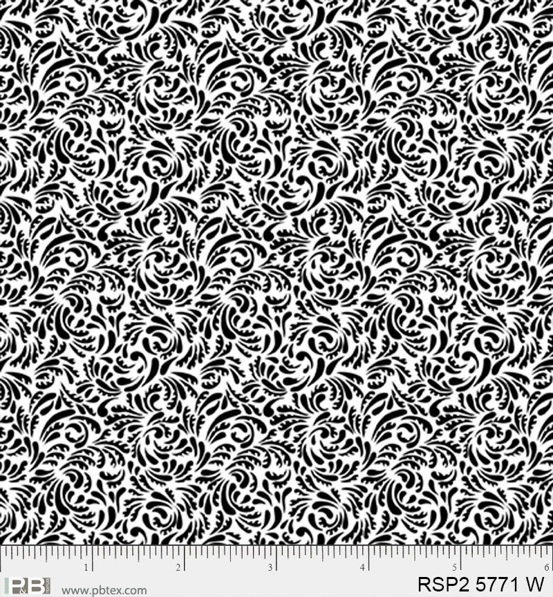 Salt & Pepper II - Feather Scroll, White - PER 1/4 YARD
