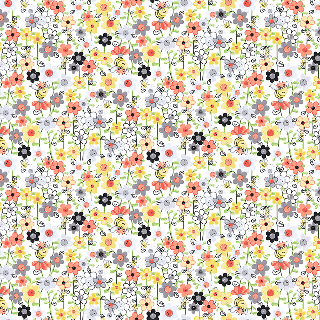 Sweet Bees - Mini Floral & Bees, White - PER 1/4 YARD