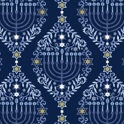 The Gift of Light - Menorah Damask, Dark Blue - PER 1/4 YARD