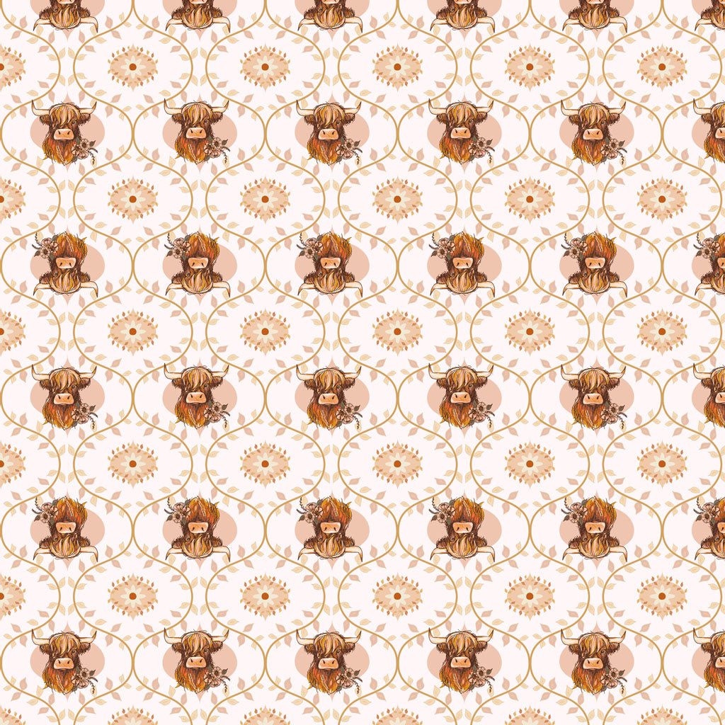 Coneflower Corral - Highland Cows, White - PER 1/4 YARD