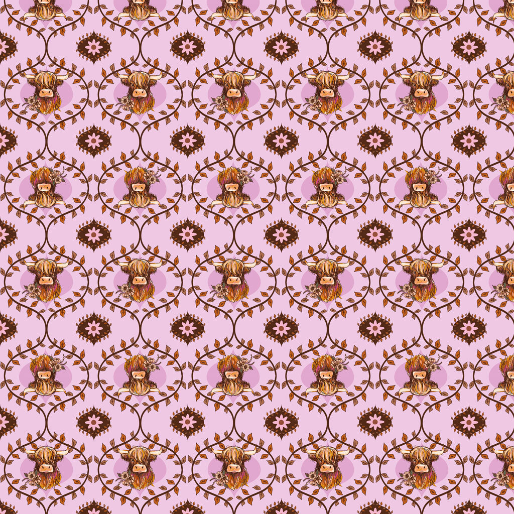 Coneflower Corral - Highland Cows, Light Eggplant - PER 1/4 YARD