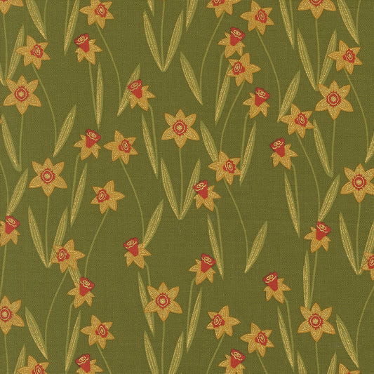 Bee Garden - Darling Daffodils Metallic, Ivy - PER 1/4 YARD