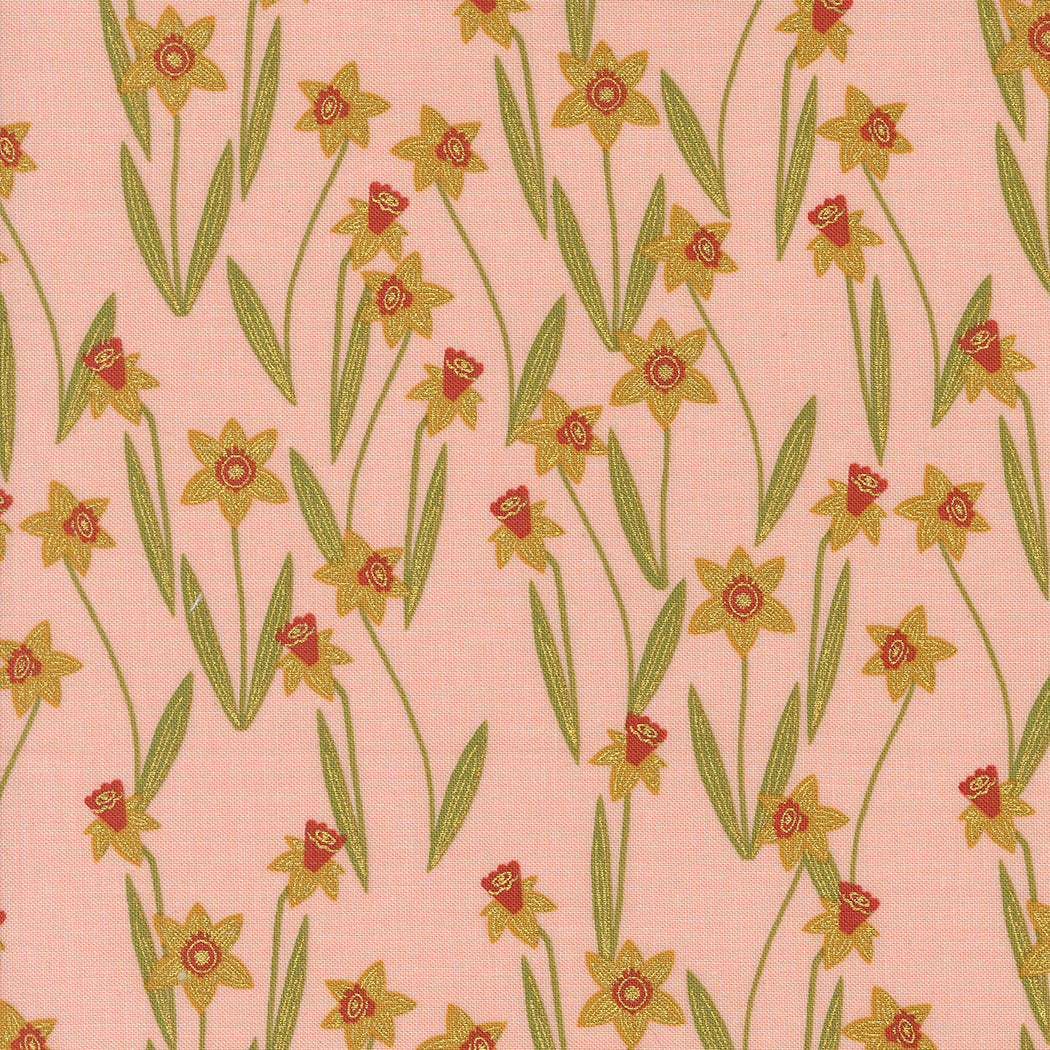 Bee Garden - Darling Daffodils Metallic, Rose - PER 1/4 YARD