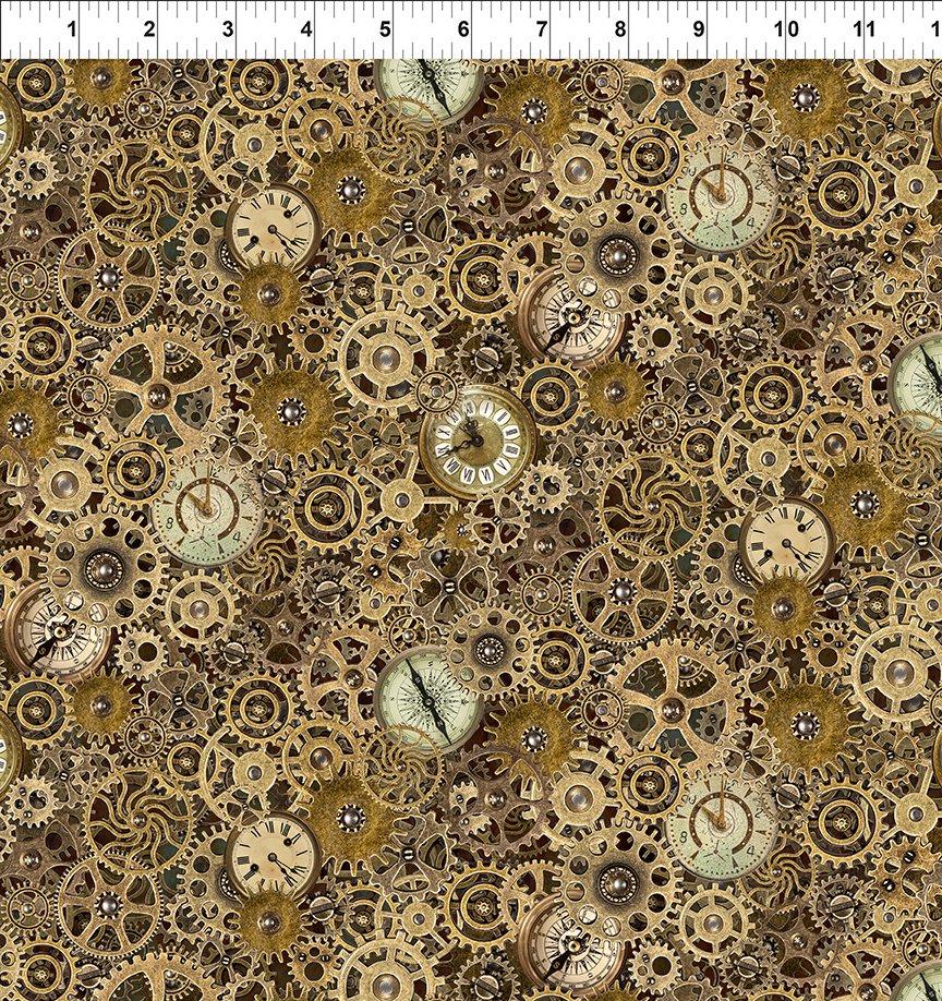 Steampunk Menagerie - Gold Gears & Clocks - PER 1/4 YARD