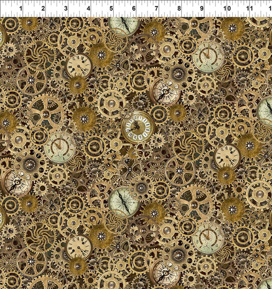 Steampunk Menagerie - Gold Gears & Clocks - PER 1/4 YARD