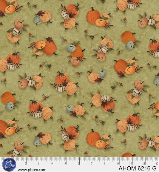 Autumn Homestead - Tossed Pumpkins, Green - PER 1/4 YARD