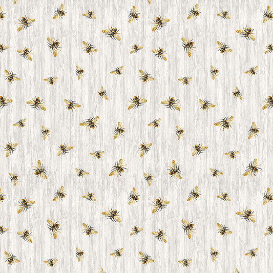 Honey Bee Farm - Flying Bees on Wood Texture, Grey - PER 1/4 YARD