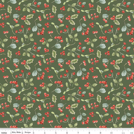 Holiday Spirit - Berries, Green - PER 1/4 YARD