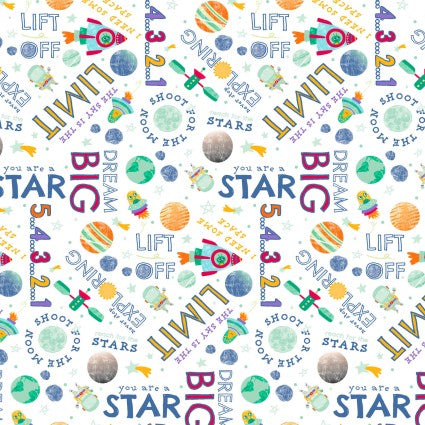 Blast Off! - Words, White - PER 1/4 YARD
