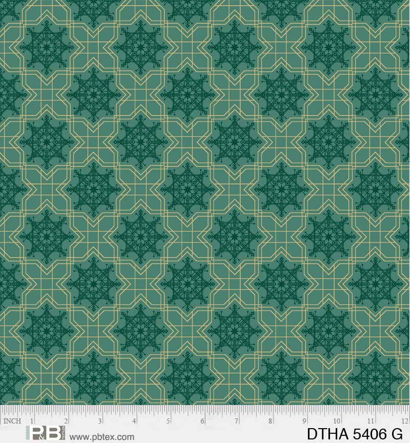 Deco the Halls - Snowflake Geo, Green - PER 1/4 YARD
