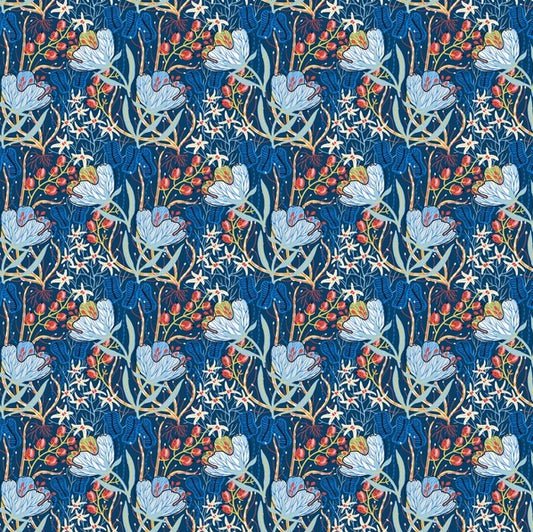 Whimsy - Anemones and Berry Pods, Blue- PER 1/4 YARD