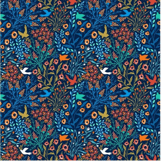 Whimsy - Wild Flowers and Birds, Blue - PER 1/4 YARD