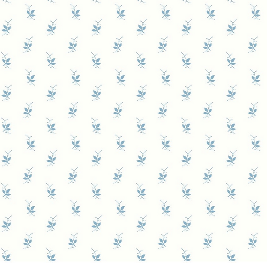 Franny's Flowers - Mini Leaves, White/Blue - PER 1/4 YARD