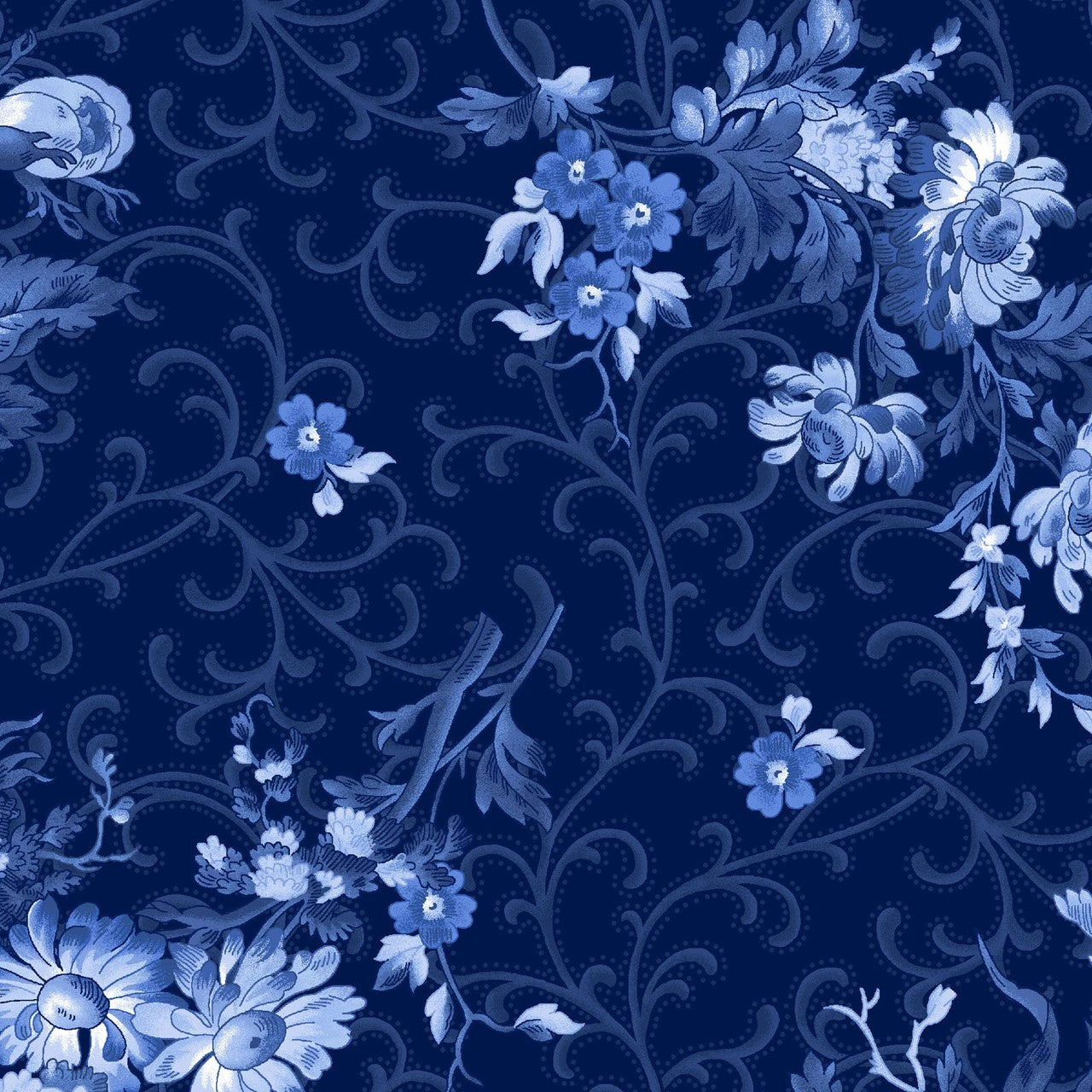 Blue Belle - Floral with Scroll, Navy - PER 1/4 YARD