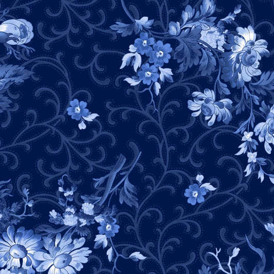 Blue Belle - Floral with Scroll, Navy - PER 1/4 YARD