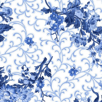 Blue Belle - Floral with Scroll, White - PER 1/4 YARD