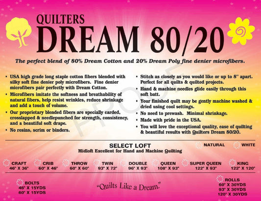 Quilters Dream Batting - Natural Select 80/20 Queen Size 108" x 93"