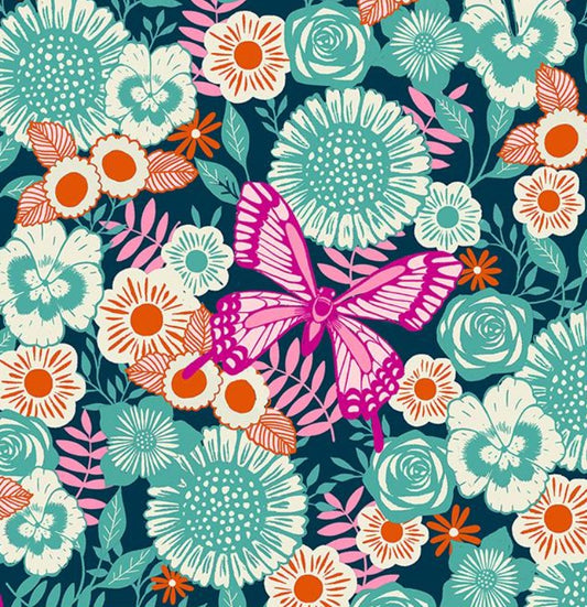 Backyard - Butterfly - Garden - Dark Teal - PER 1/4 YARD