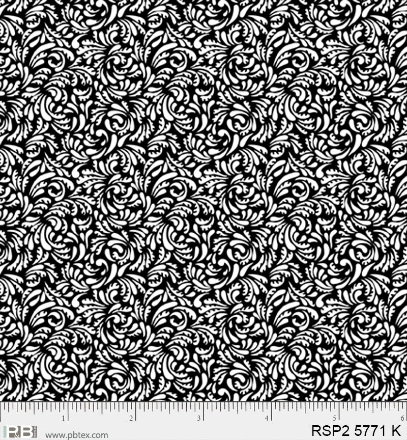 Salt & Pepper II - Feather Scroll, Black - PER 1/4 YARD